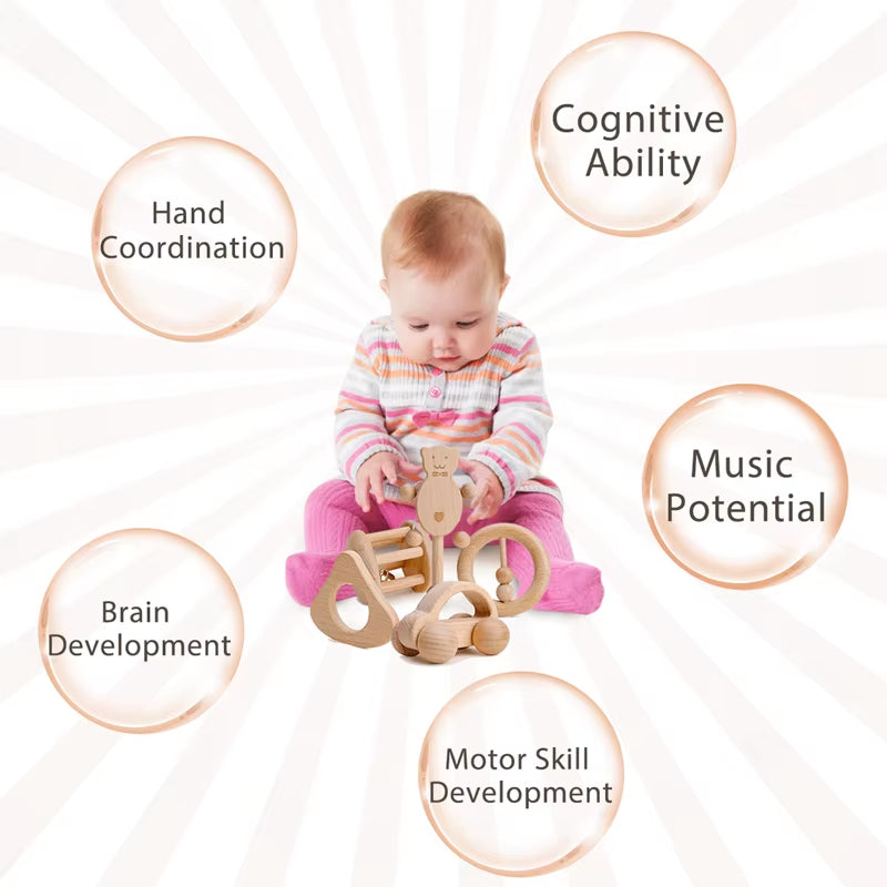 1Pc Baby Toy Beech Bear Hand Teething Baby Rattles Wood Ring Cartoon Car Play Gym Montessori Stroller Toy Educational Toys
