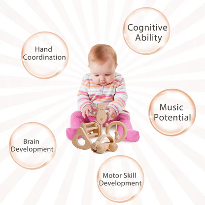 1Pc Baby Toy Beech Bear Hand Teething Baby Rattles Wood Ring Cartoon Car Play Gym Montessori Stroller Toy Educational Toys
