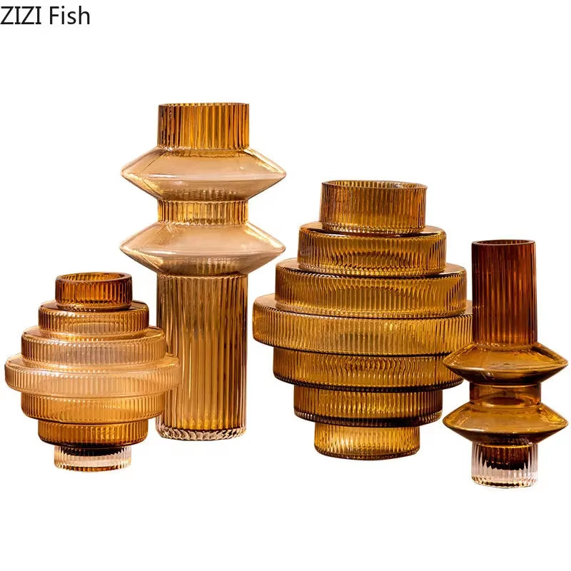 Creativity Amber Glass Vase Hydroponics Flowers Pots Tower Shape Flower Arrangement Desk Decoration Floral Vase Modern Decor