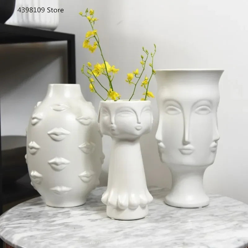 Scandinavian White Ceramic Vase Decoration Home Decoration Crafts Modern Interior Decoration Countertop Vase Art Face Shape Vase
