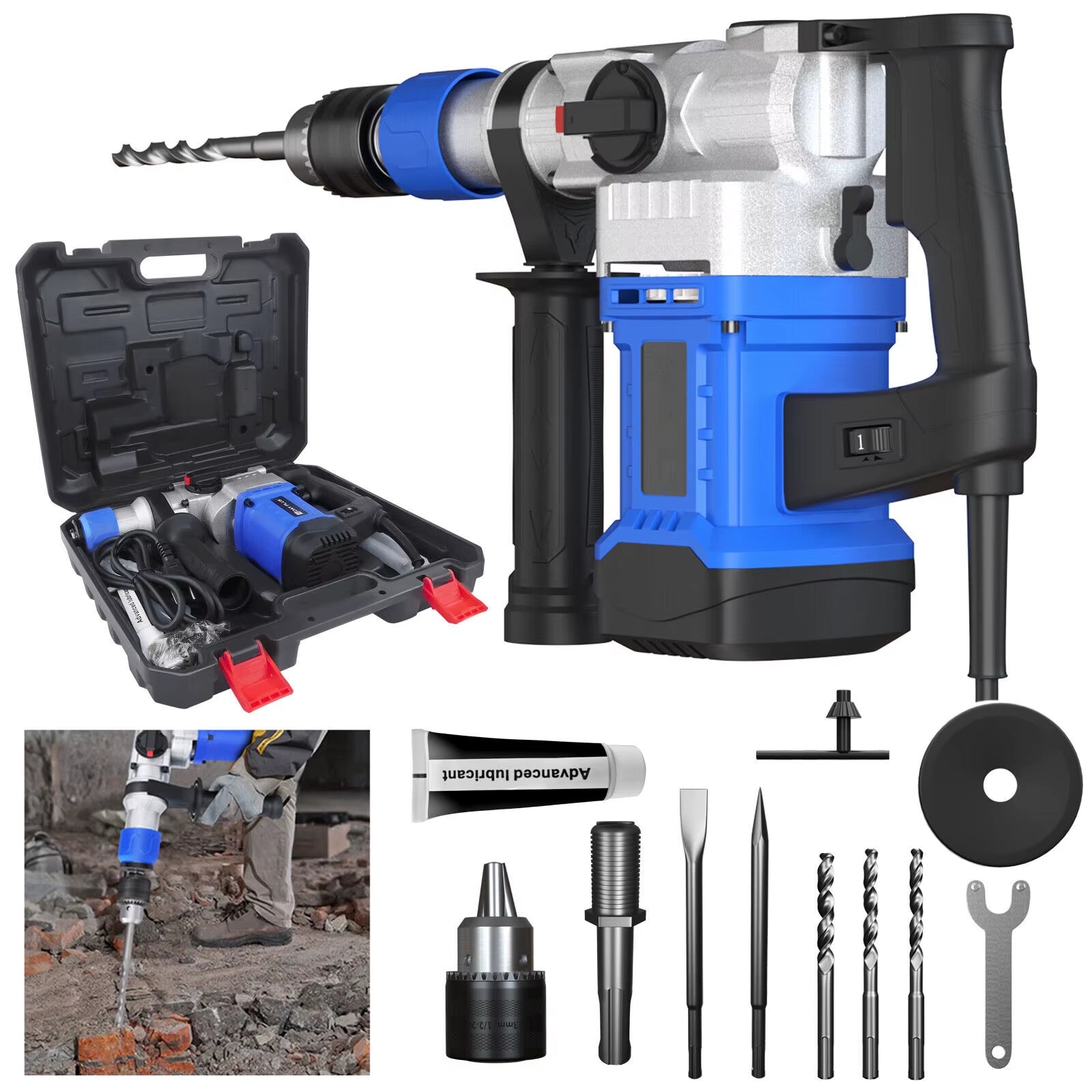 1500W Rotary Hammer Drill-6 Adjustable Speeds,4 Functions,Electric Demolition Hammer with SDS plus Chisels and Drill Bits & Case