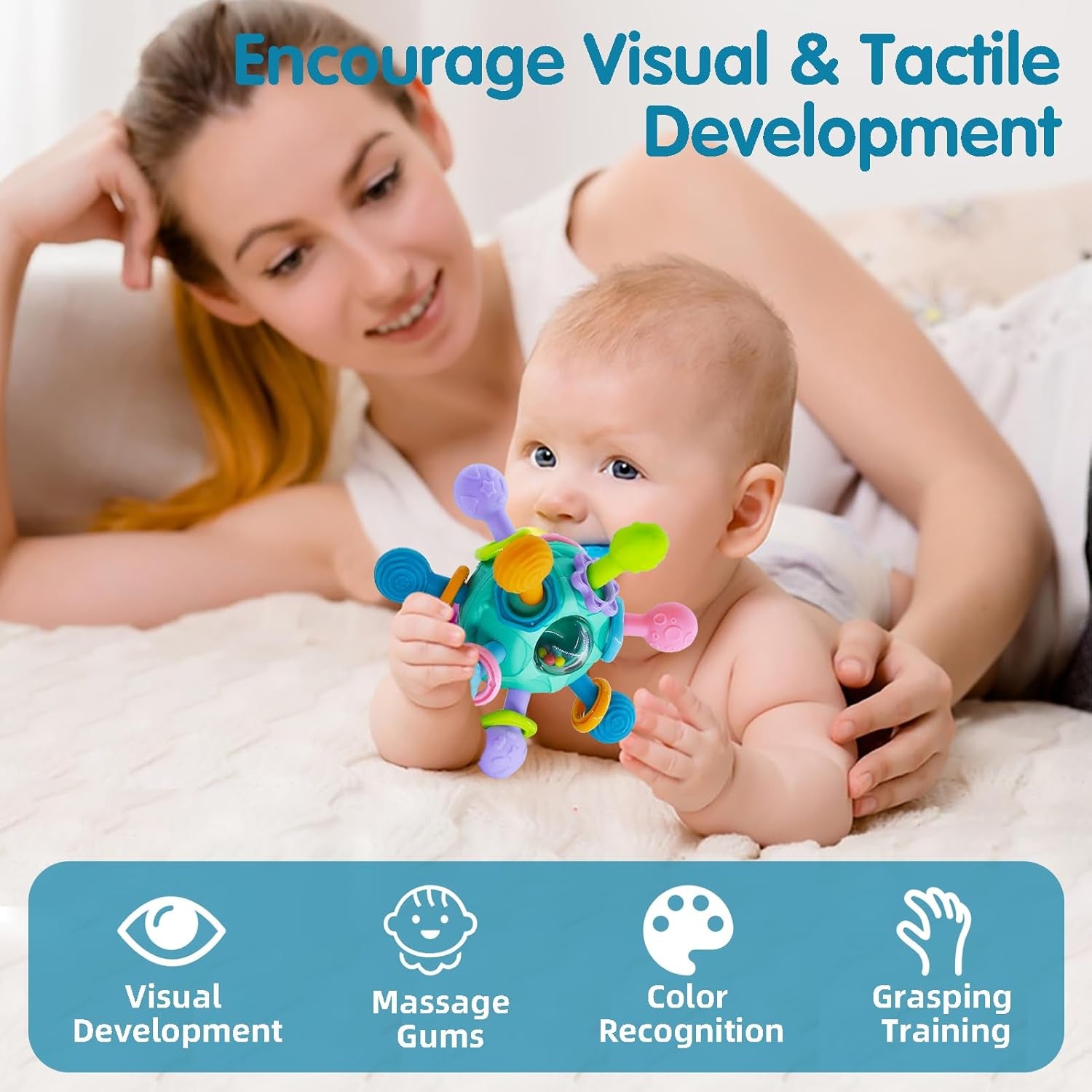 Baby Spielzeug Ab 3 Monate, Sensorik Beißspielzeug,Babyspielzeug 0-6 Monate Mit Shaker/Grab/Spin, Montessori Greifball Für Babys, Baby Geschenk Ab 0 4 6 9 Monate (Blau)