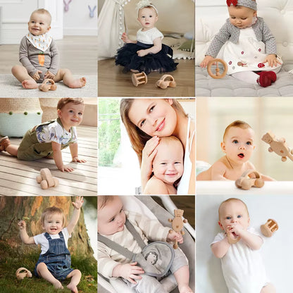 1Pc Baby Toy Beech Bear Hand Teething Baby Rattles Wood Ring Cartoon Car Play Gym Montessori Stroller Toy Educational Toys