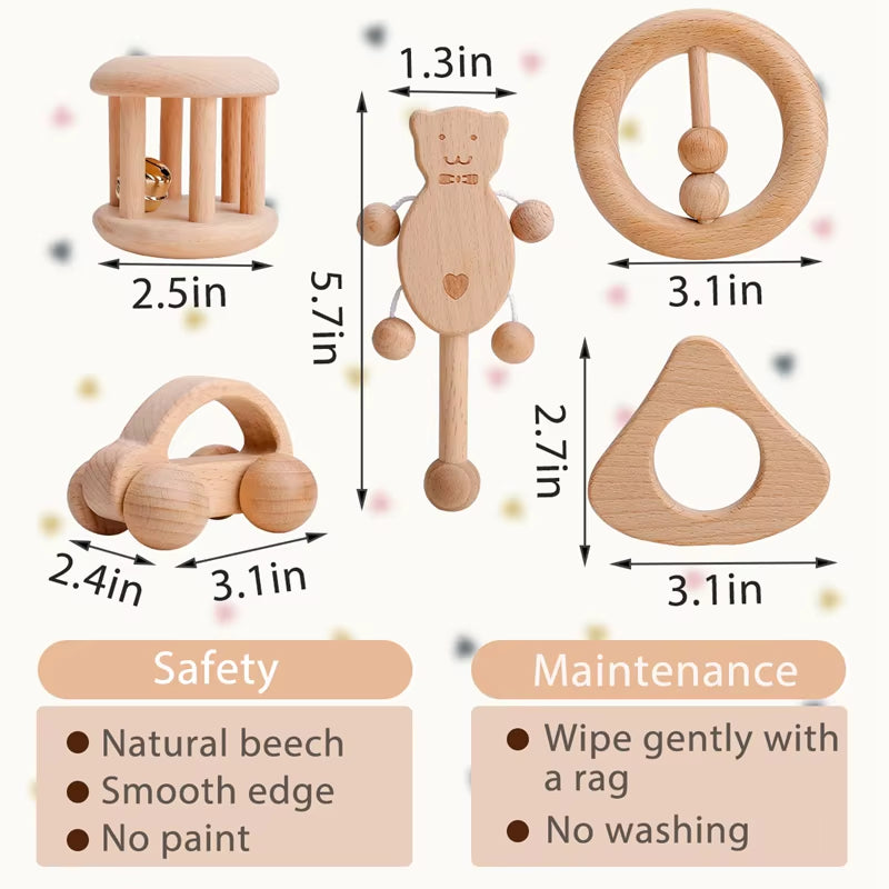 1Pc Baby Toy Beech Bear Hand Teething Baby Rattles Wood Ring Cartoon Car Play Gym Montessori Stroller Toy Educational Toys